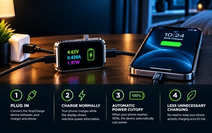 Smart USB-C charging with automatic power cutoff.